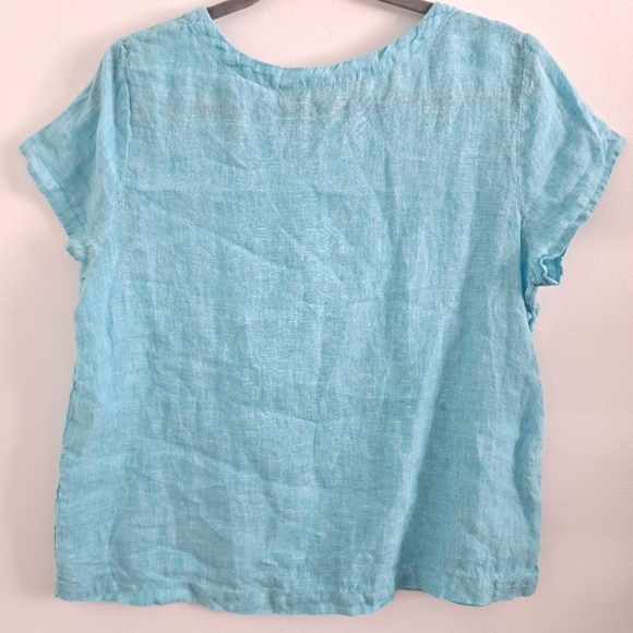 Cynthia Rowley 100% Linen Top Aqua Blue Button Detail Short Sleeve Size Large - Picture 6 of 8